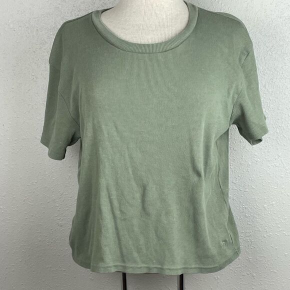 Pre-Owed Pink Womens Olive Green Ribbed Short Sleeve Top Size L - Picture 1 of 5